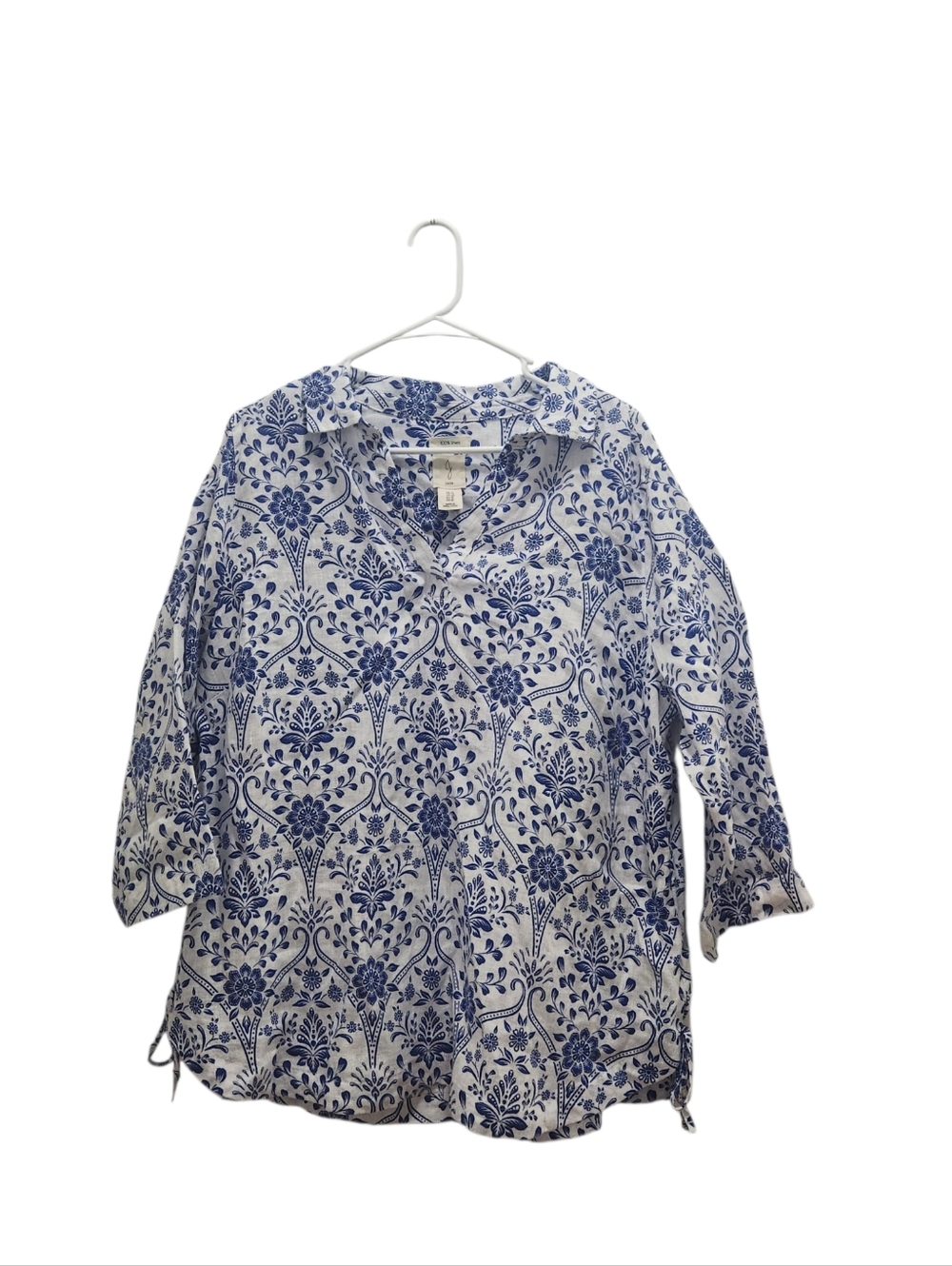 JOIE 100% Linen Tunic Top Plus Size 1X Blue White Floral Print Cottage Coastal